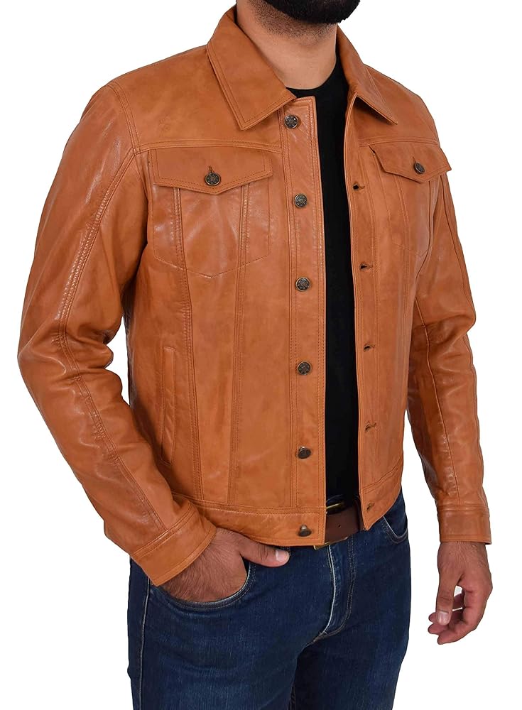 A1 FASHION GOODS Mens Soft Leather Trucker Jacket Tan
